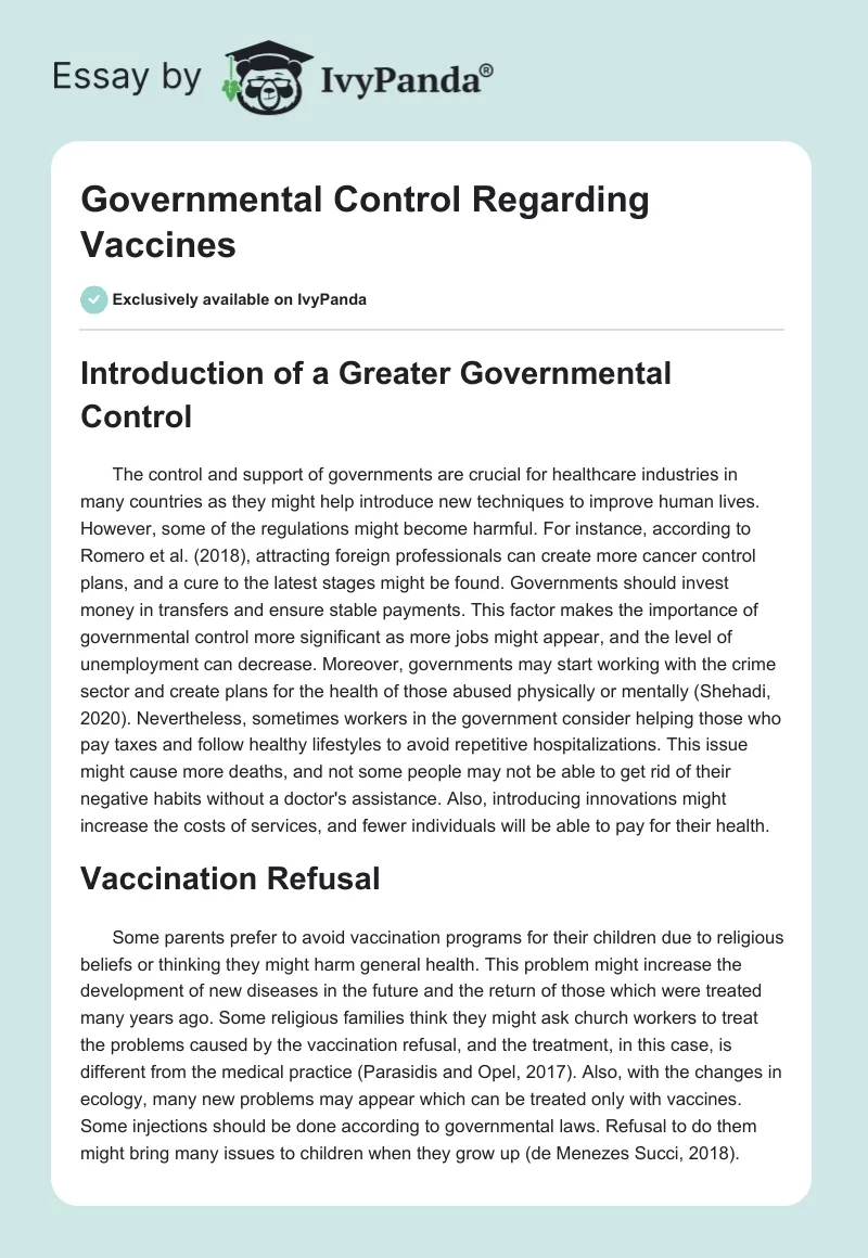 Governmental Control Regarding Vaccines. Page 1