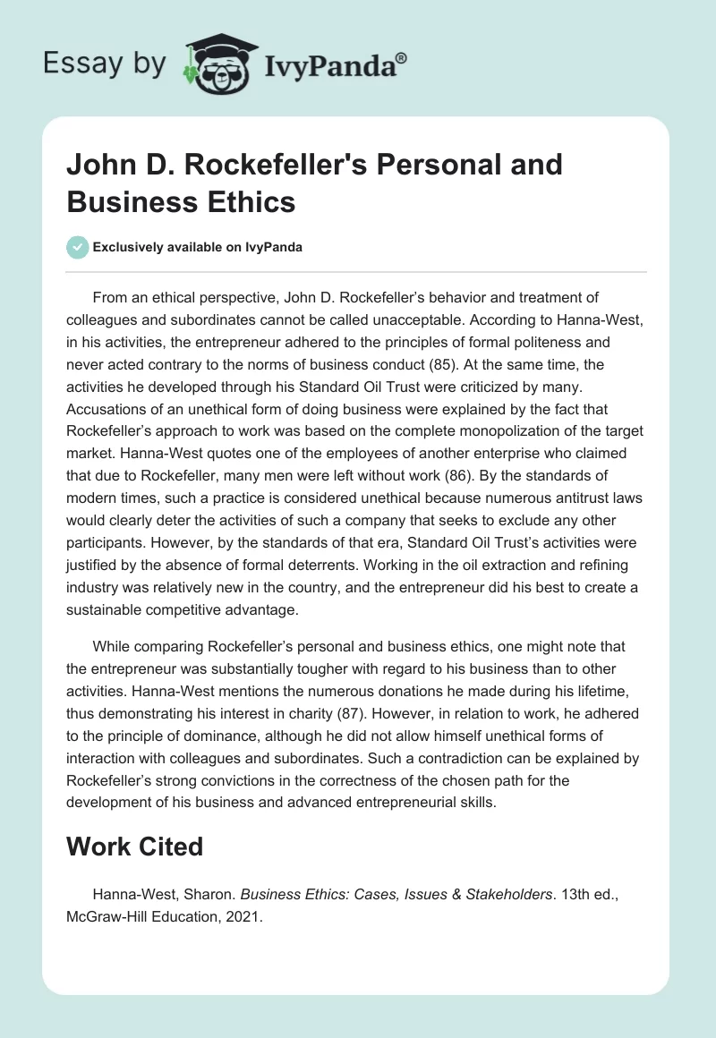 John D. Rockefeller's Personal and Business Ethics. Page 1