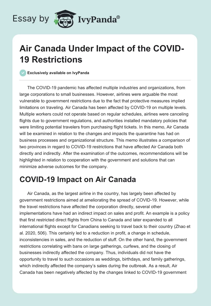 Air Canada Under Impact of the COVID-19 Restrictions. Page 1
