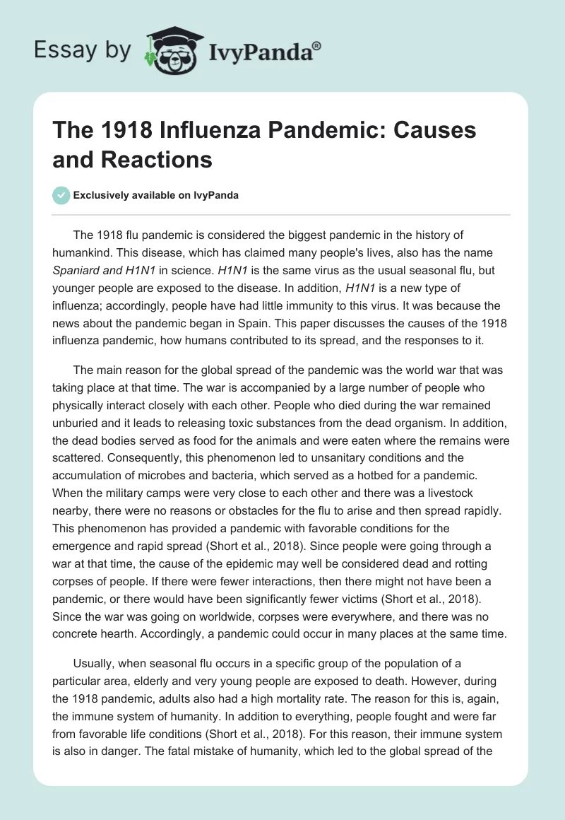 The 1918 Influenza Pandemic: Causes and Reactions. Page 1