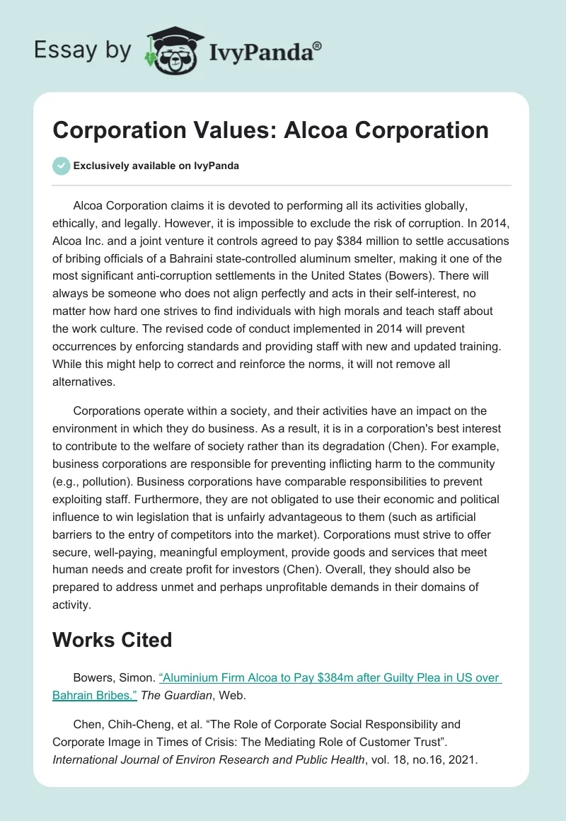 Corporation Values: Alcoa Corporation. Page 1