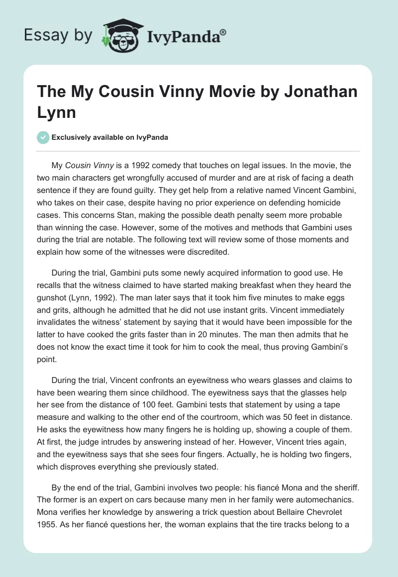 The "My Cousin Vinny" Movie by Jonathan Lynn. Page 1