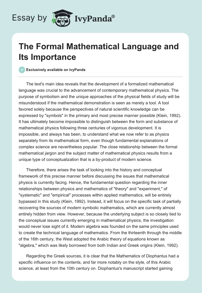 The Formal Mathematical Language and Its Importance. Page 1