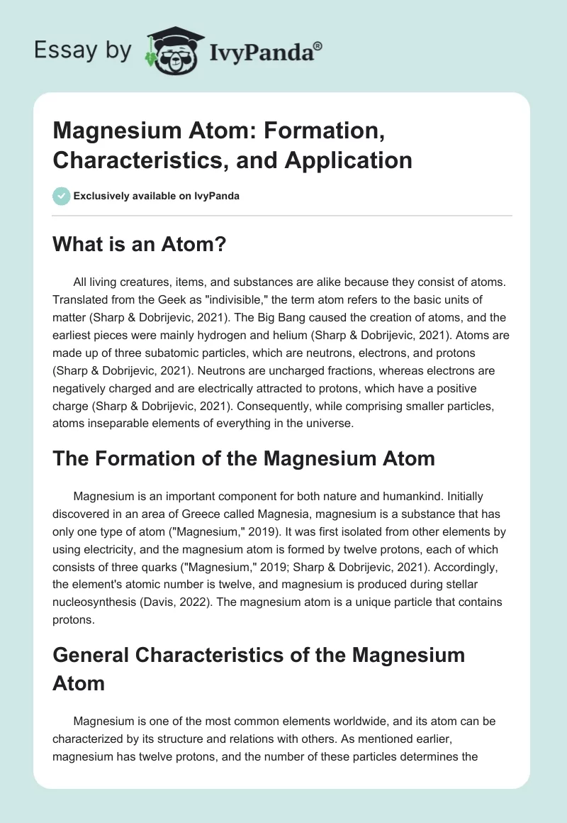 Magnesium Atom: Formation, Characteristics, and Application. Page 1