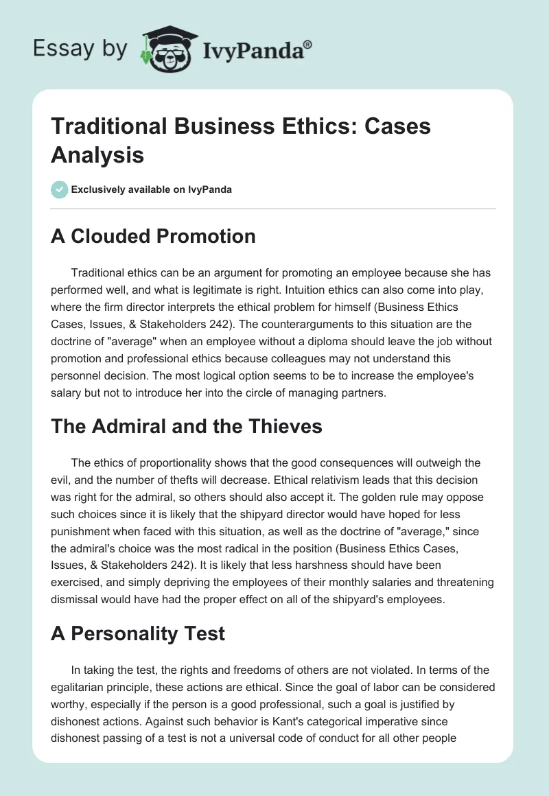 Traditional Business Ethics: Cases Analysis. Page 1