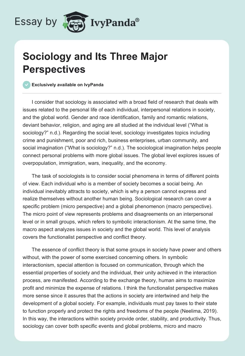 Sociology and Its Three Major Perspectives. Page 1