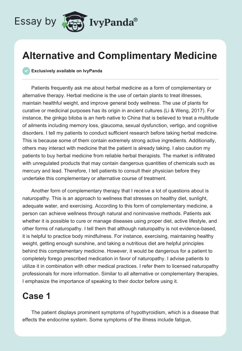 Alternative and Complimentary Medicine. Page 1