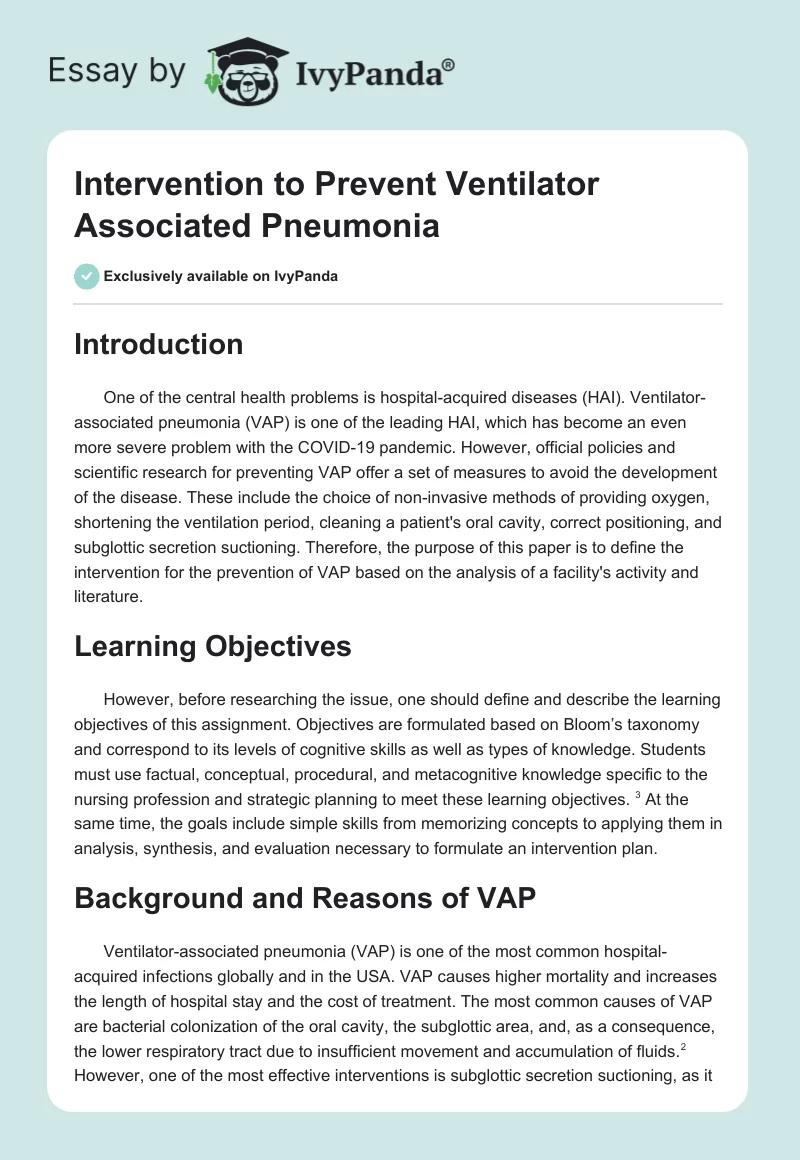 Intervention to Prevent Ventilator Associated Pneumonia. Page 1