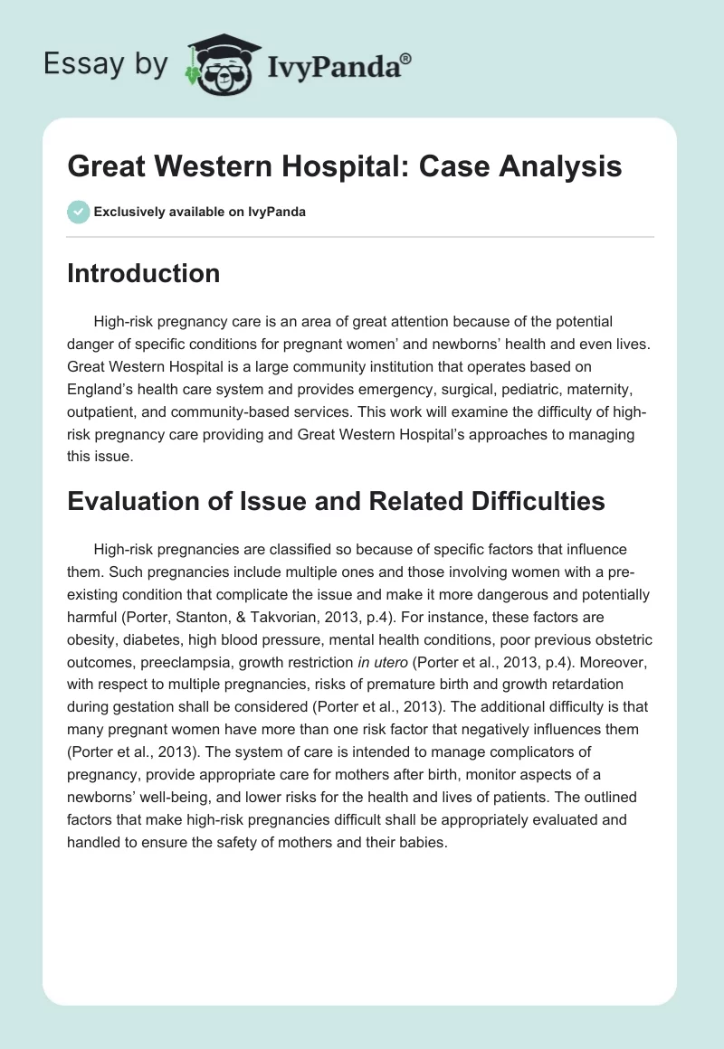 Great Western Hospital: Case Analysis. Page 1