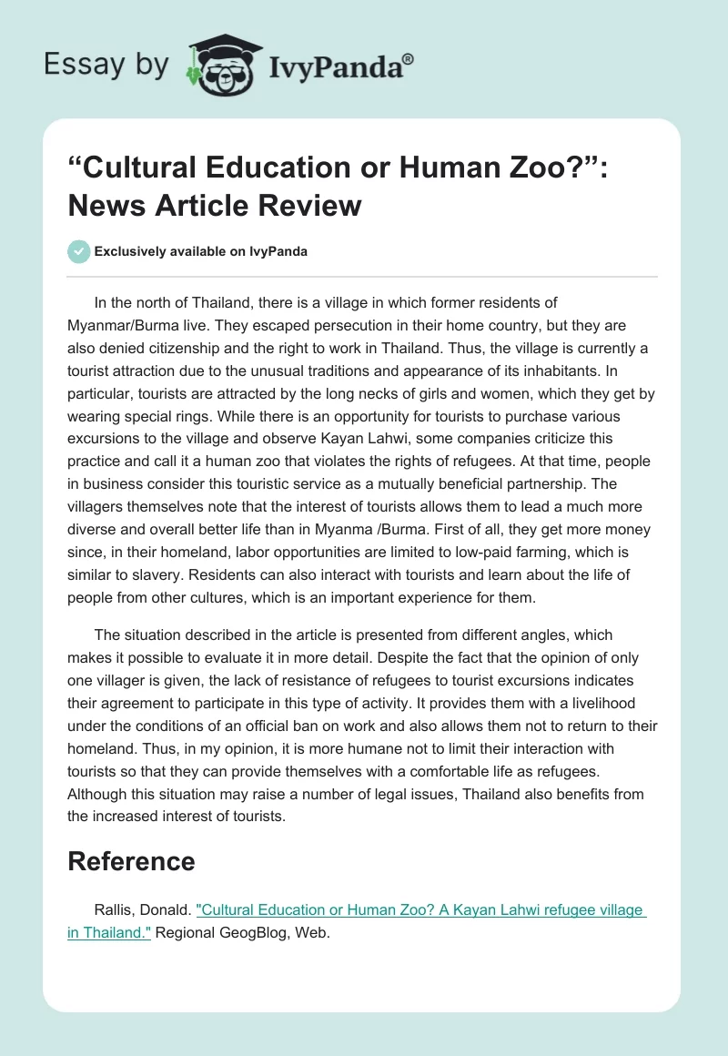 “Cultural Education or Human Zoo?”: News Article Review. Page 1