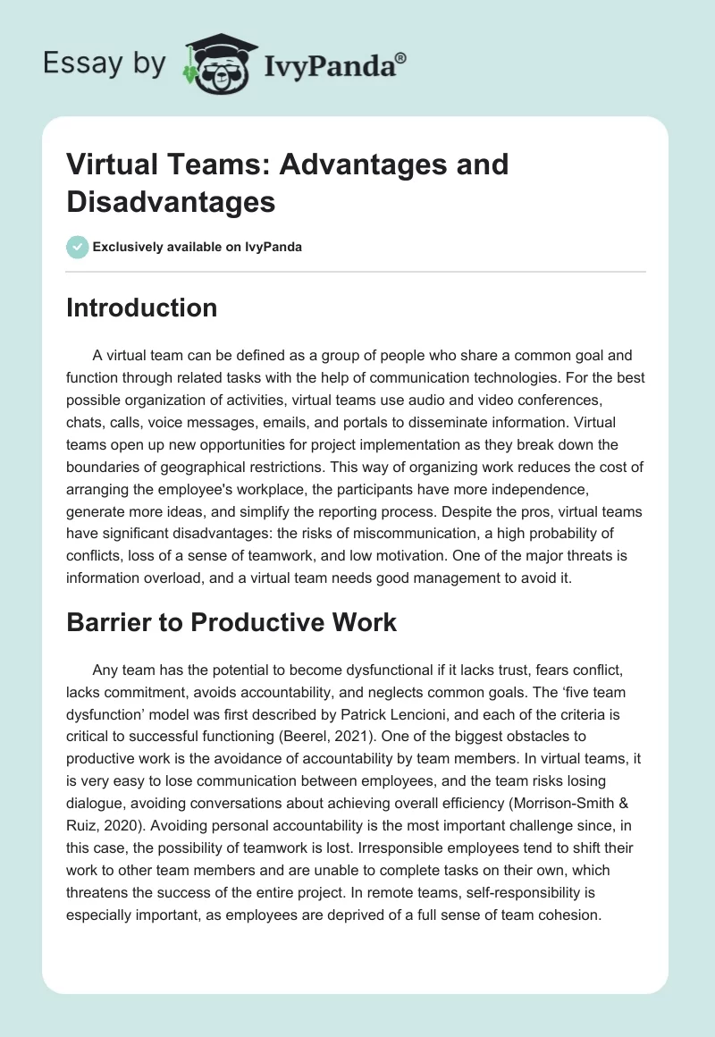 Virtual Teams: Advantages and Disadvantages. Page 1