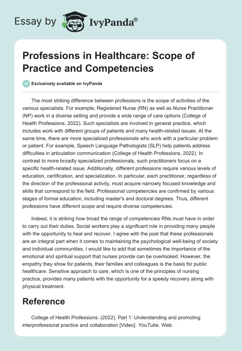 Professions in Healthcare: Scope of Practice and Competencies. Page 1