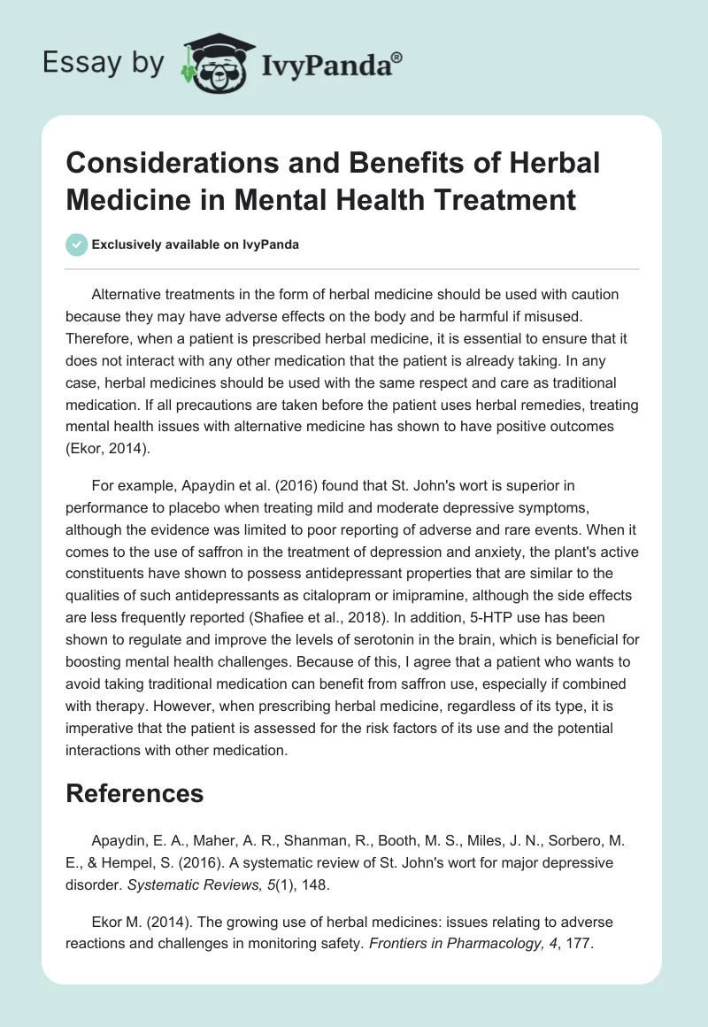Considerations and Benefits of Herbal Medicine in Mental Health Treatment. Page 1