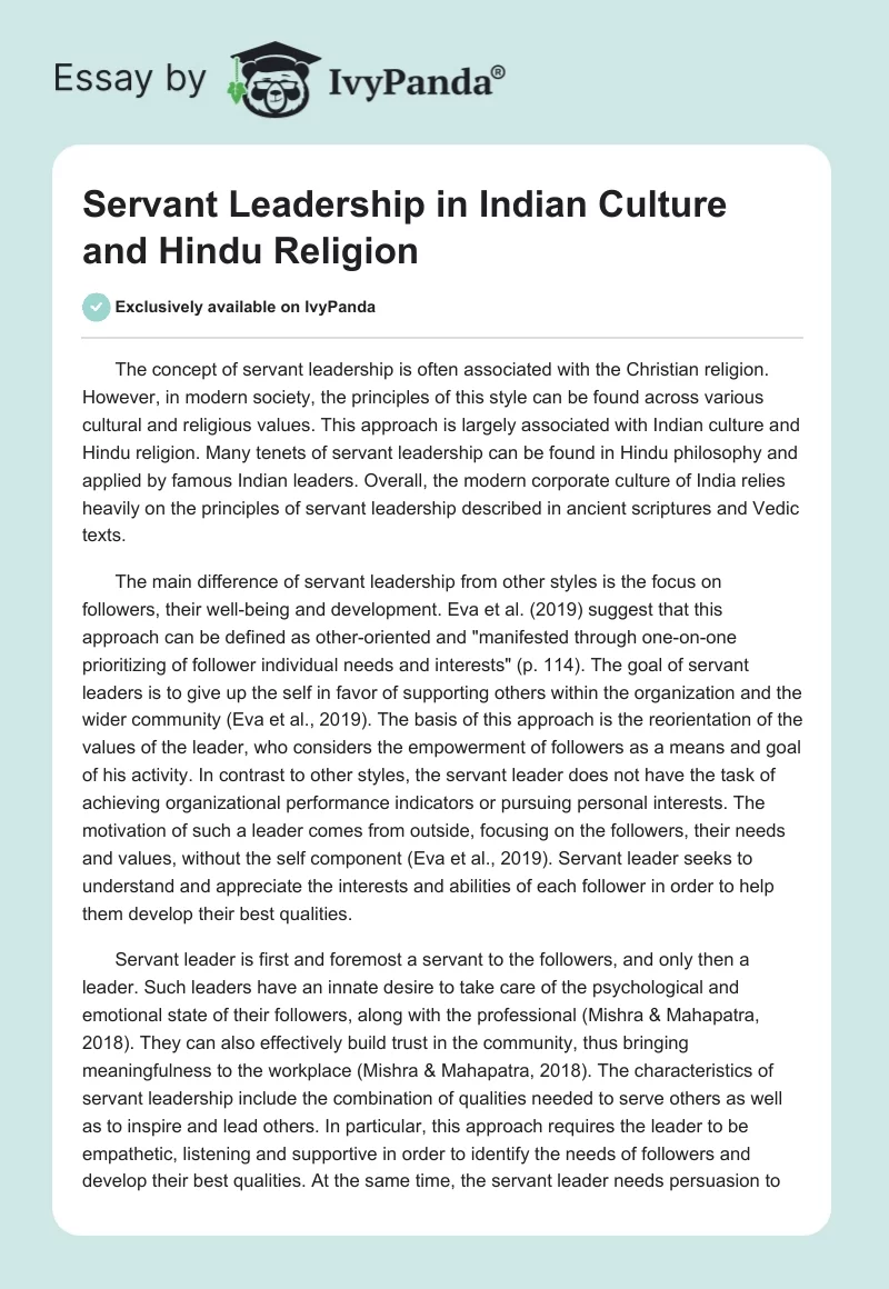 Servant Leadership in Indian Culture and Hindu Religion. Page 1