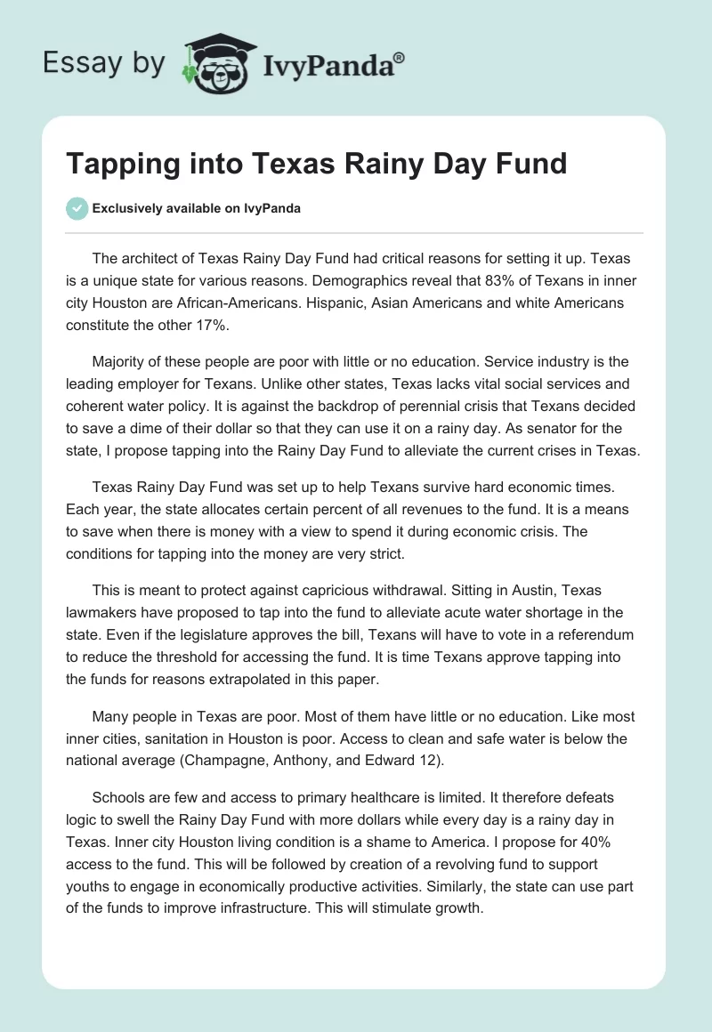 Tapping into Texas Rainy Day Fund. Page 1