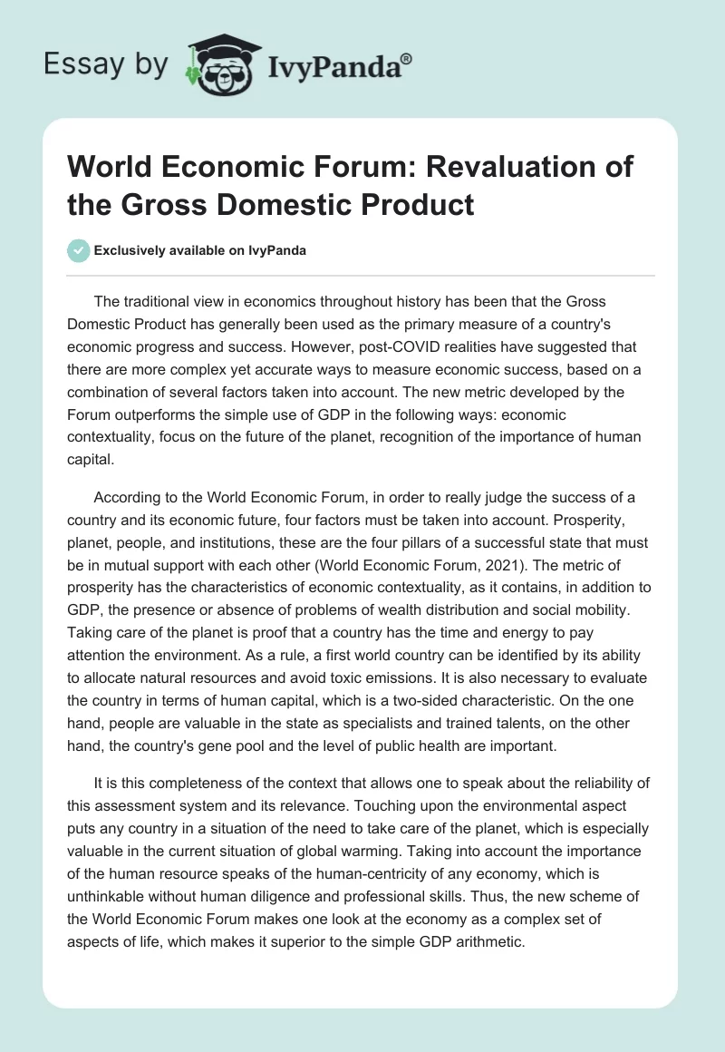 World Economic Forum: Revaluation of the Gross Domestic Product. Page 1