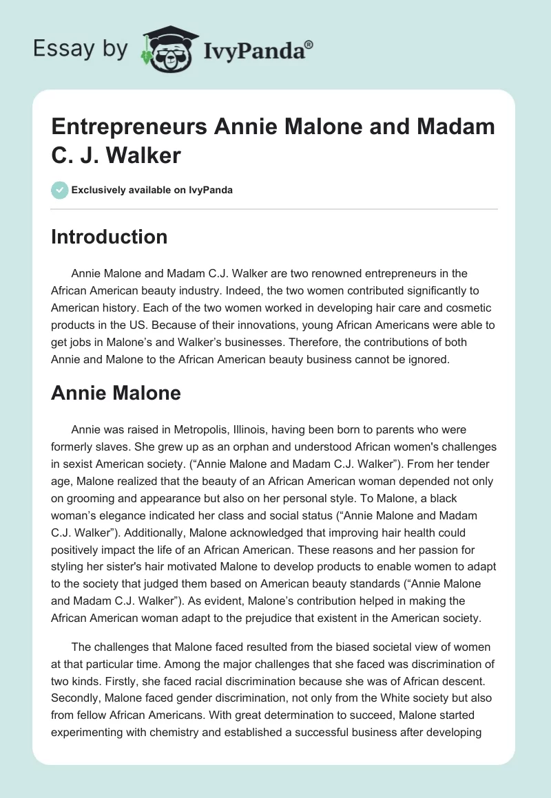 Entrepreneurs Annie Malone and Madam C. J. Walker. Page 1