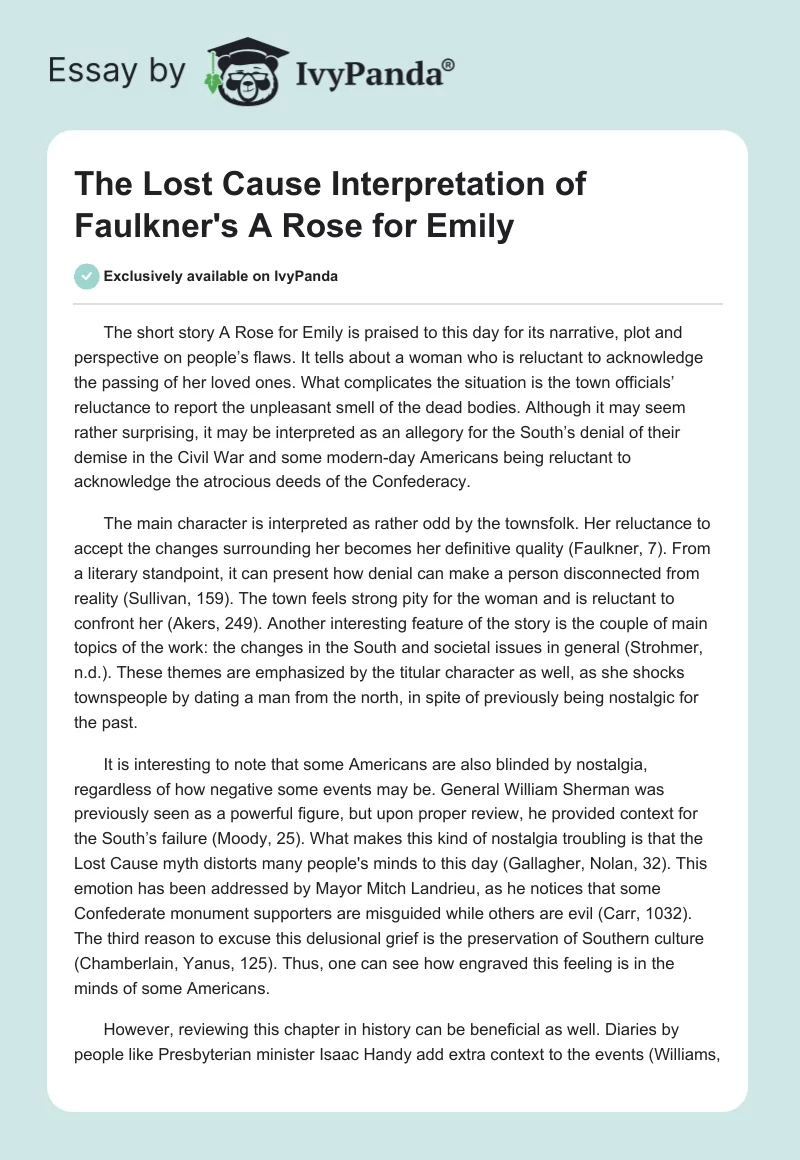 The Lost Cause Interpretation of Faulkner's "A Rose for Emily". Page 1
