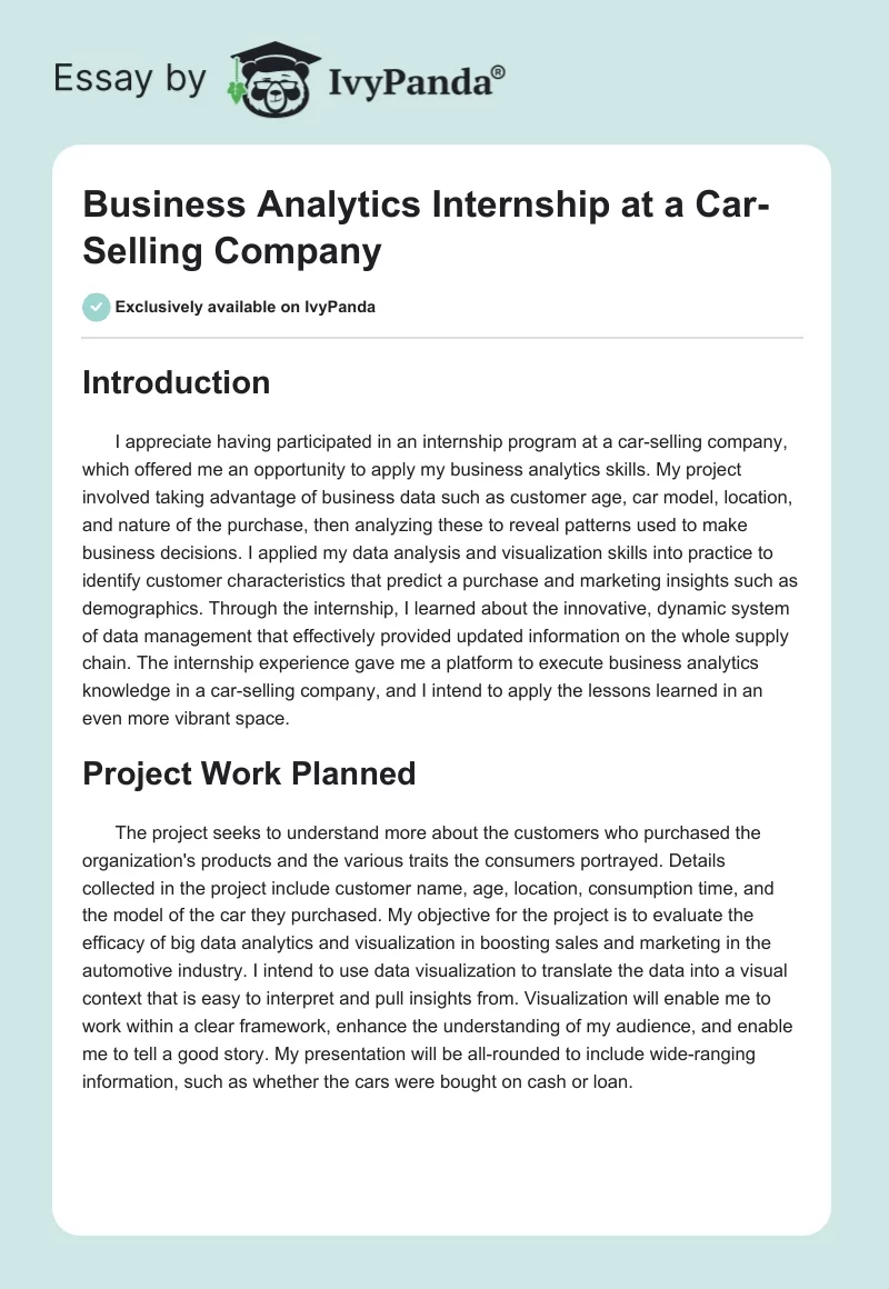 Business Analytics Internship at a Car-Selling Company. Page 1