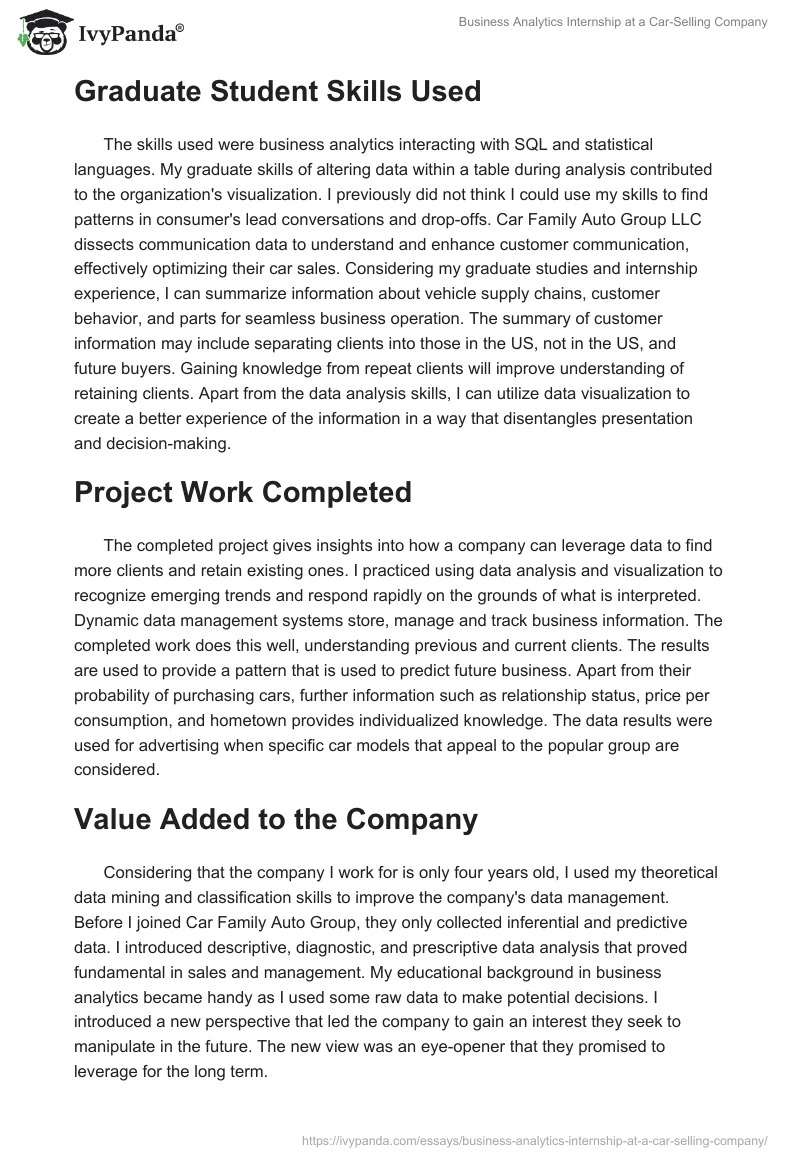 Business Analytics Internship at a Car-Selling Company. Page 2