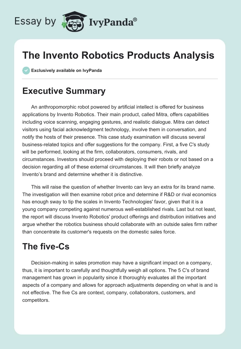 The Invento Robotics Products Analysis. Page 1