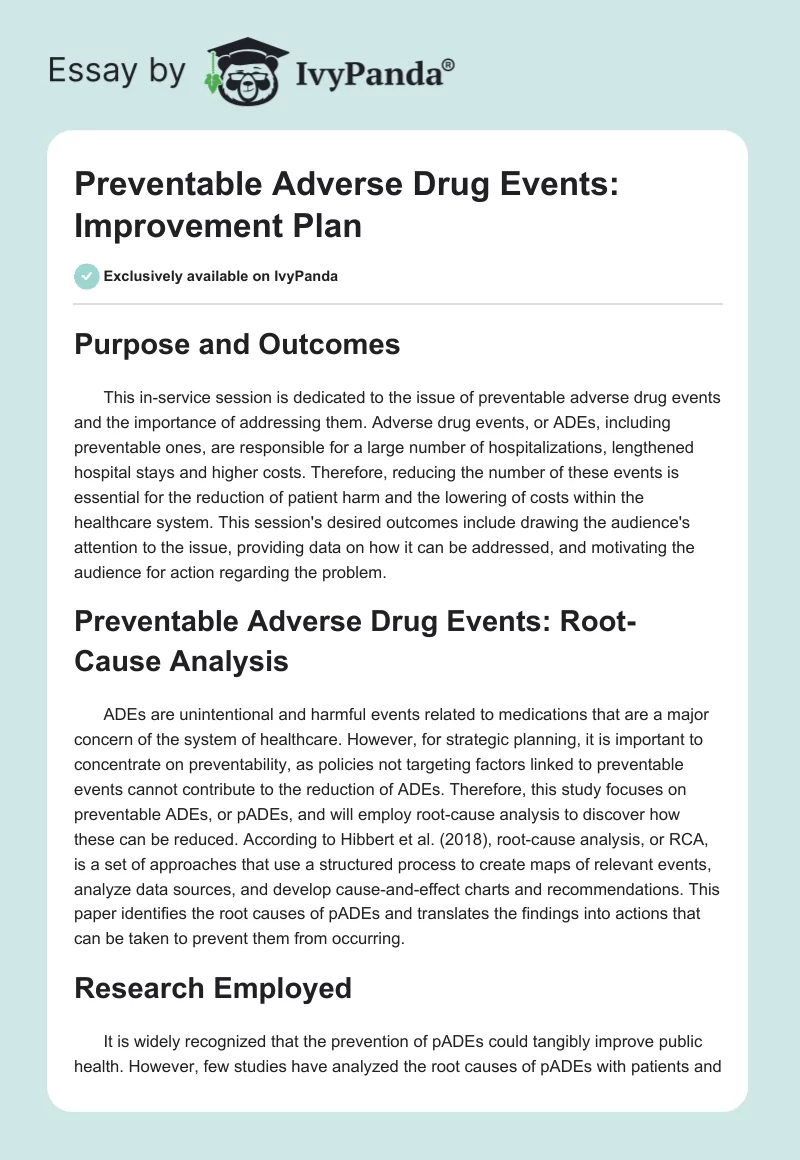 Preventable Adverse Drug Events: Improvement Plan. Page 1