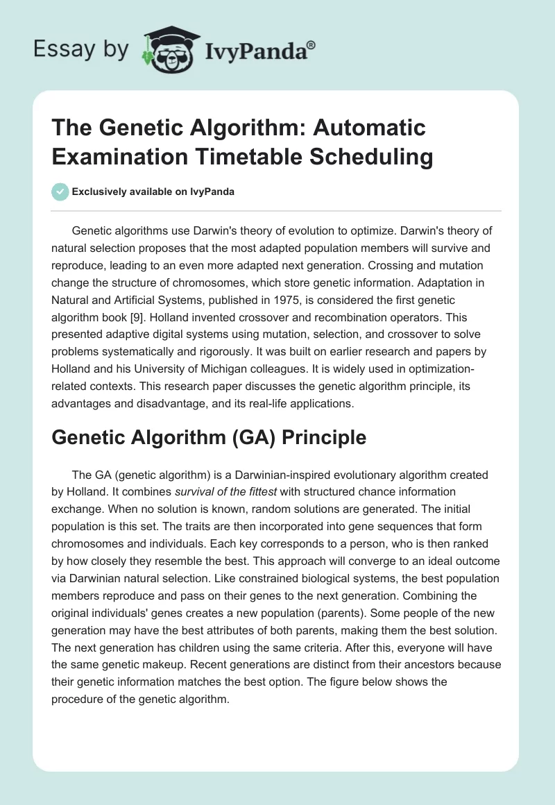 The Genetic Algorithm: Automatic Examination Timetable Scheduling. Page 1