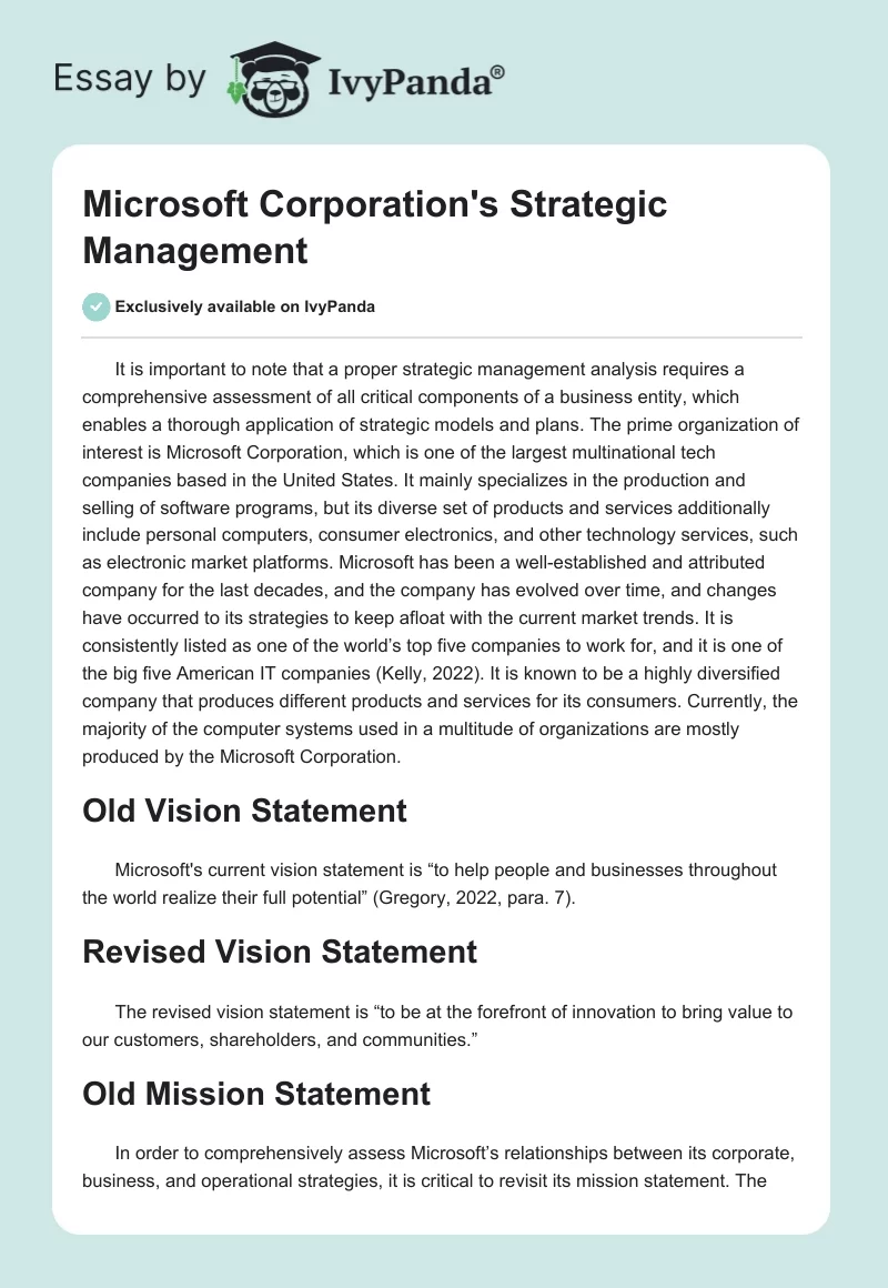 Microsoft Corporation's Strategic Management. Page 1