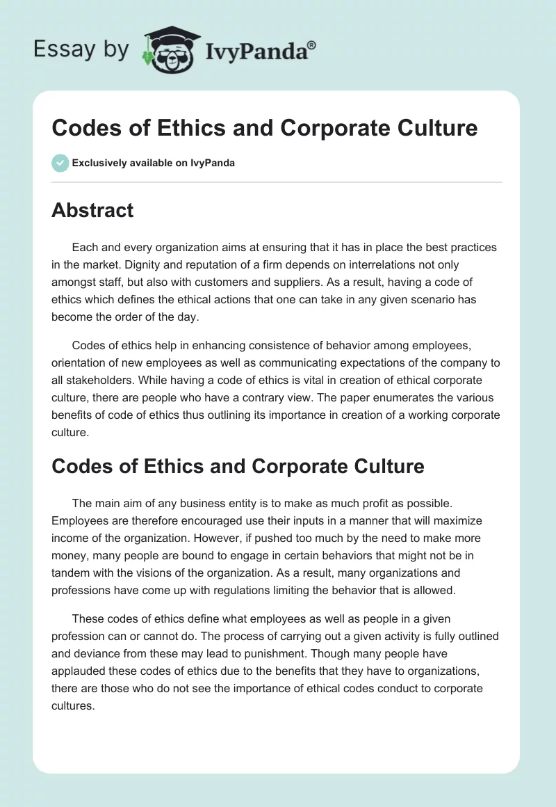 Codes of Ethics and Corporate Culture. Page 1