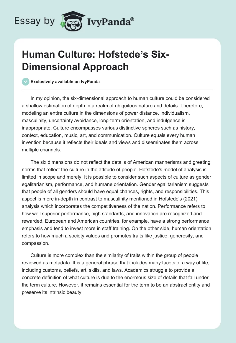 Human Culture: Hofstedeʼs Six-Dimensional Approach. Page 1