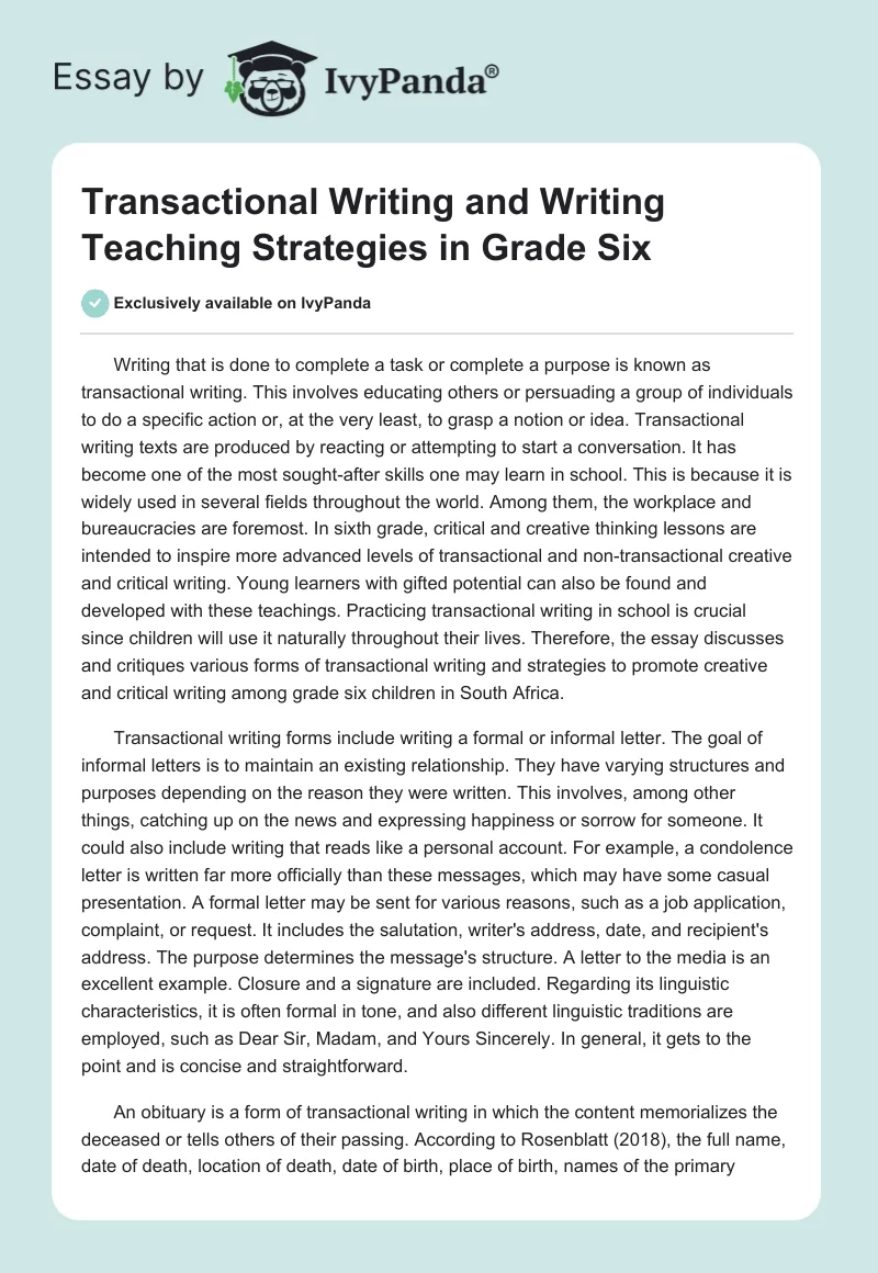 Transactional Writing and Writing Teaching Strategies in Grade Six. Page 1