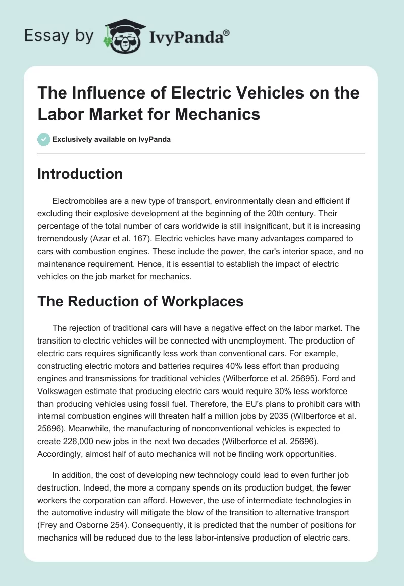 The Influence of Electric Vehicles on the Labor Market for Mechanics. Page 1