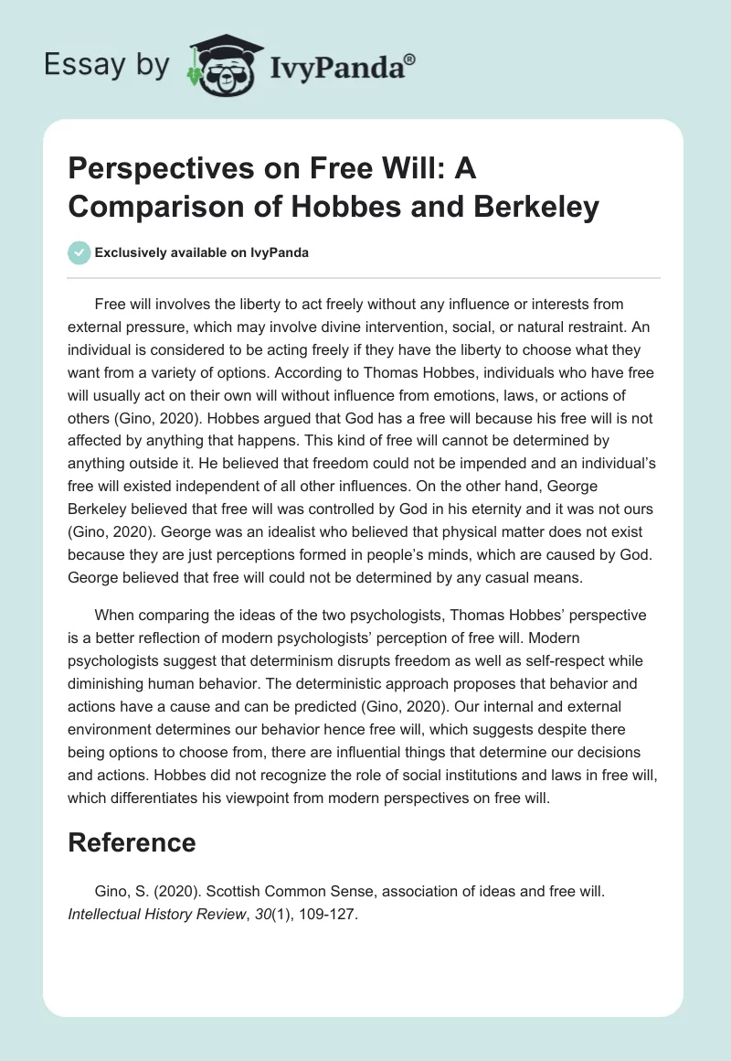 Perspectives on Free Will: A Comparison of Hobbes and Berkeley. Page 1