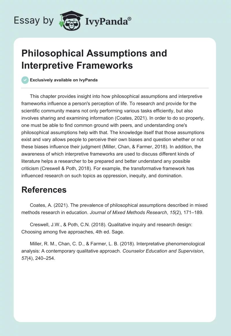 Philosophical Assumptions and Interpretive Frameworks. Page 1