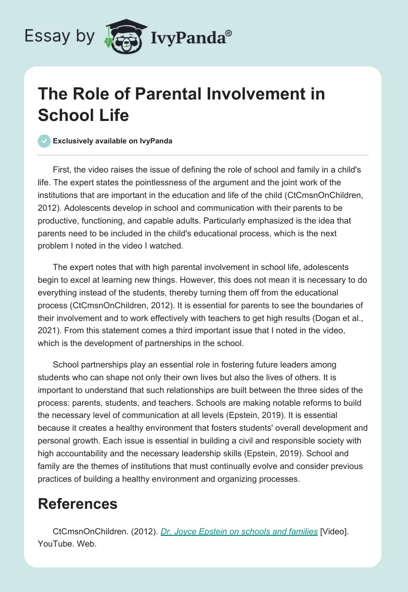 The Role of Parental Involvement in School Life. Page 1