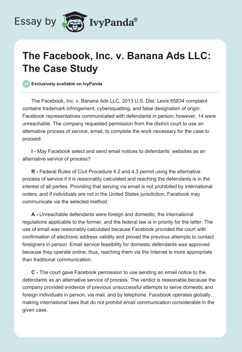 The Facebook, Inc. vs. Banana Ads LLC: The Case Study. Page 1