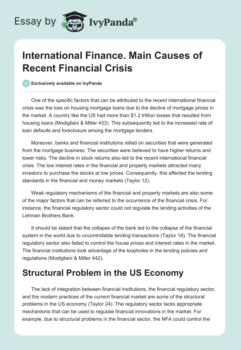 International Finance. Main Causes of Recent Financial Crisis. Page 1