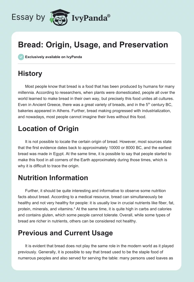 Bread: Origin, Usage, and Preservation. Page 1
