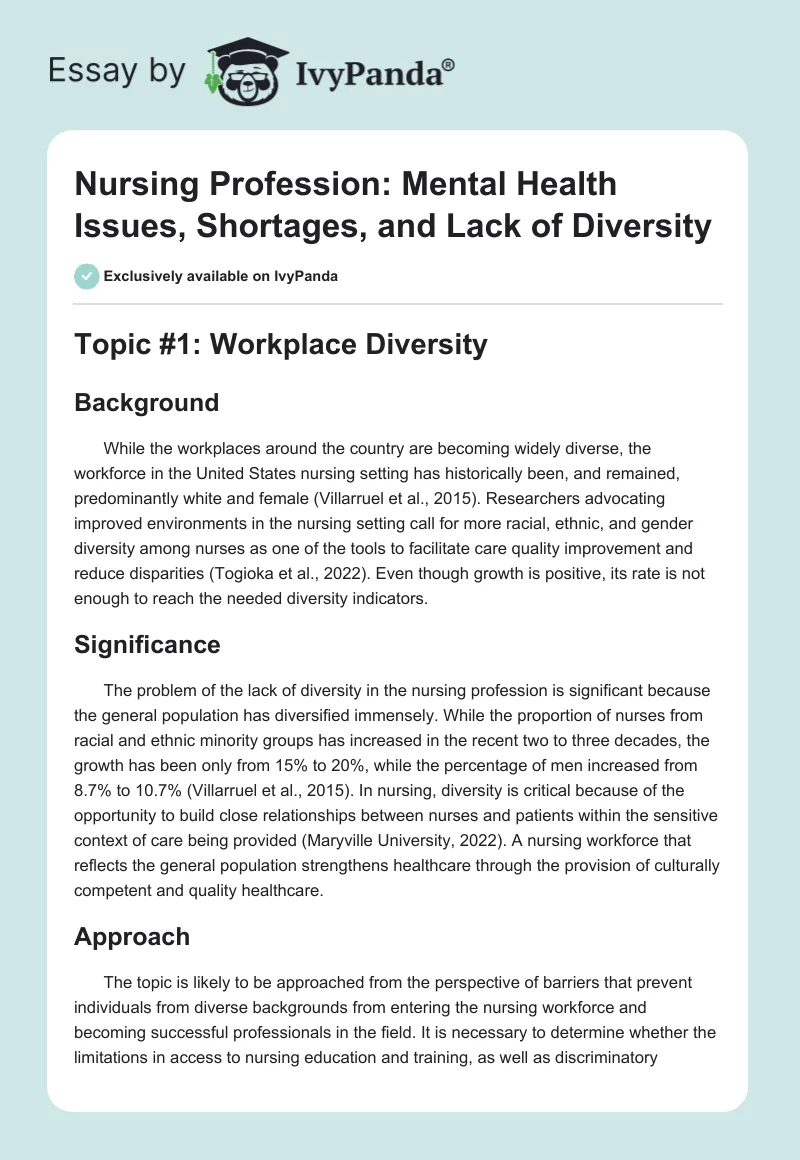 Nursing Profession: Mental Health Issues, Shortages, and Lack of Diversity. Page 1