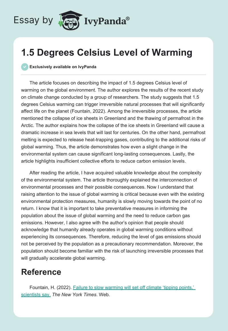 1.5 Degrees Celsius Level of Warming. Page 1