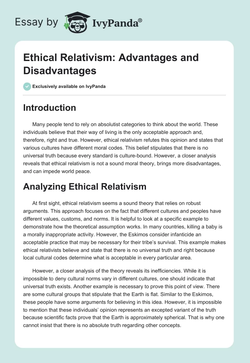 Ethical Relativism: Advantages and Disadvantages. Page 1