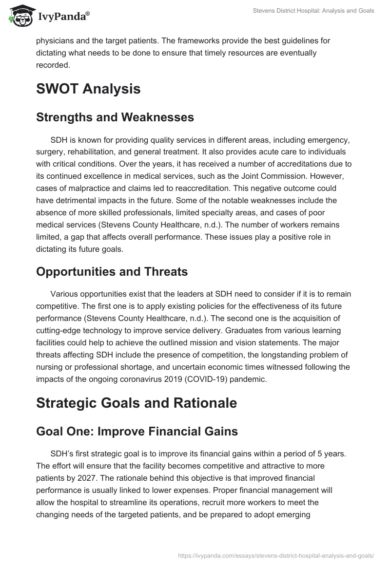 Stevens District Hospital: Analysis and Goals. Page 2
