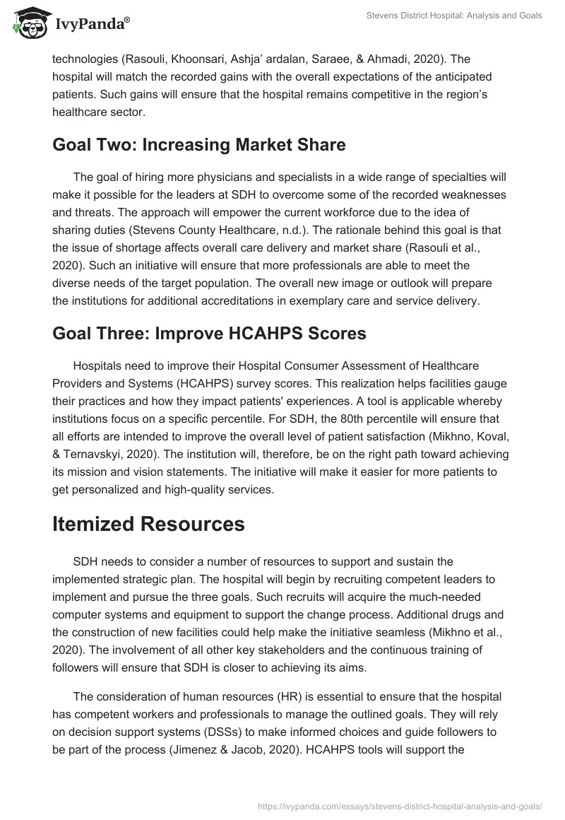 Stevens District Hospital: Analysis and Goals. Page 3
