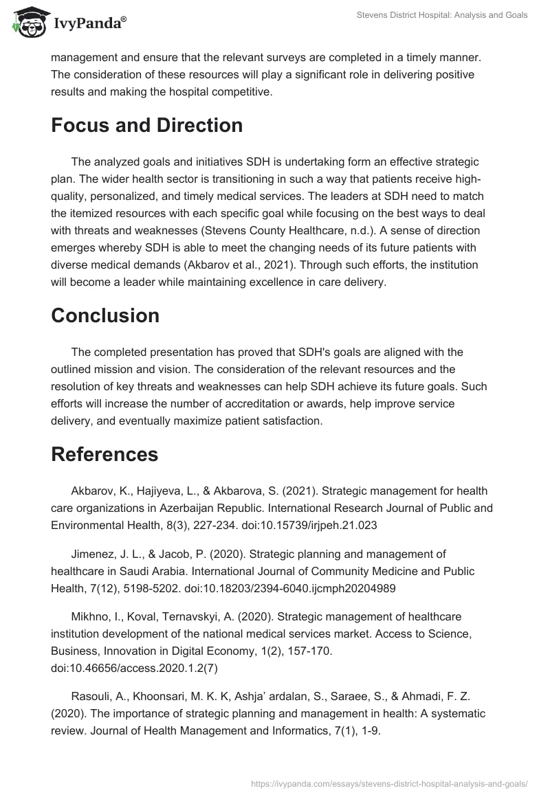 Stevens District Hospital: Analysis and Goals. Page 4