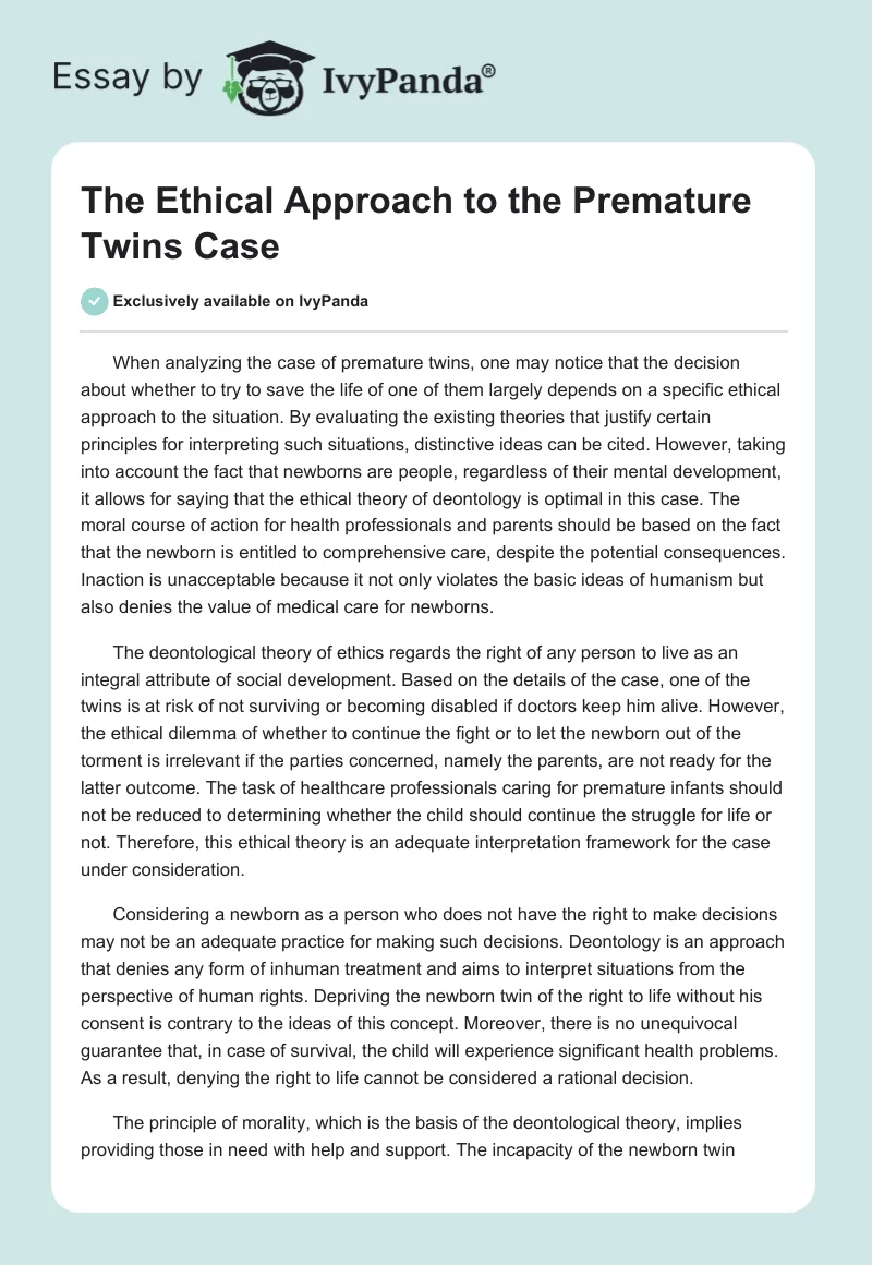 The Ethical Approach to the Premature Twins Case. Page 1