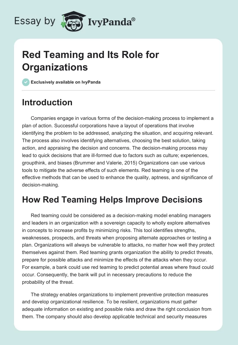 Red Teaming and Its Role for Organizations. Page 1