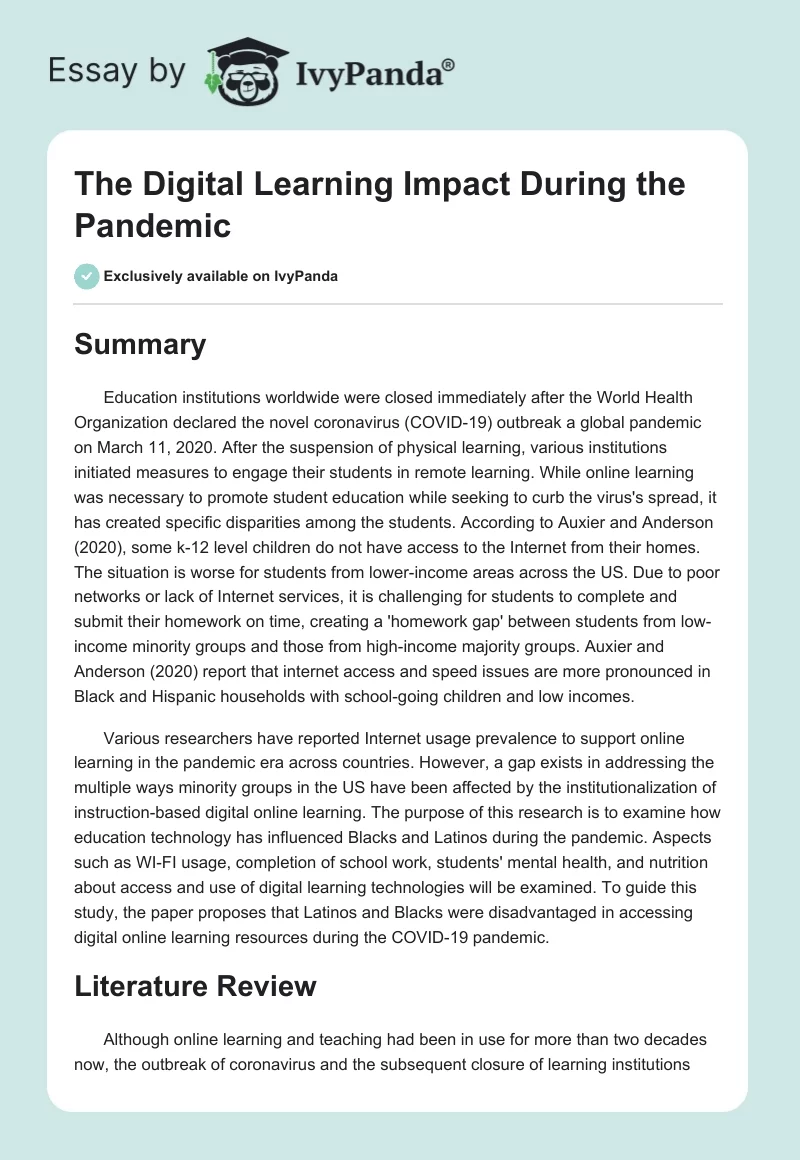 The Digital Learning Impact During the Pandemic. Page 1