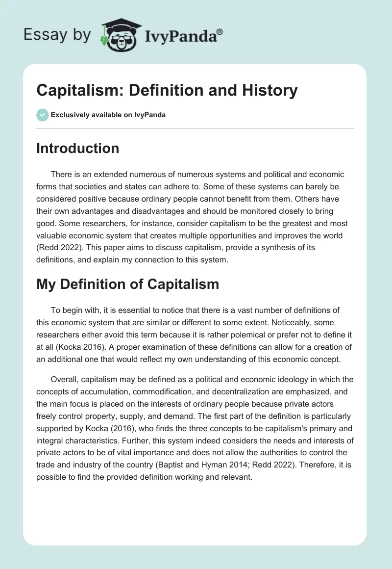 Capitalism: Definition and History. Page 1
