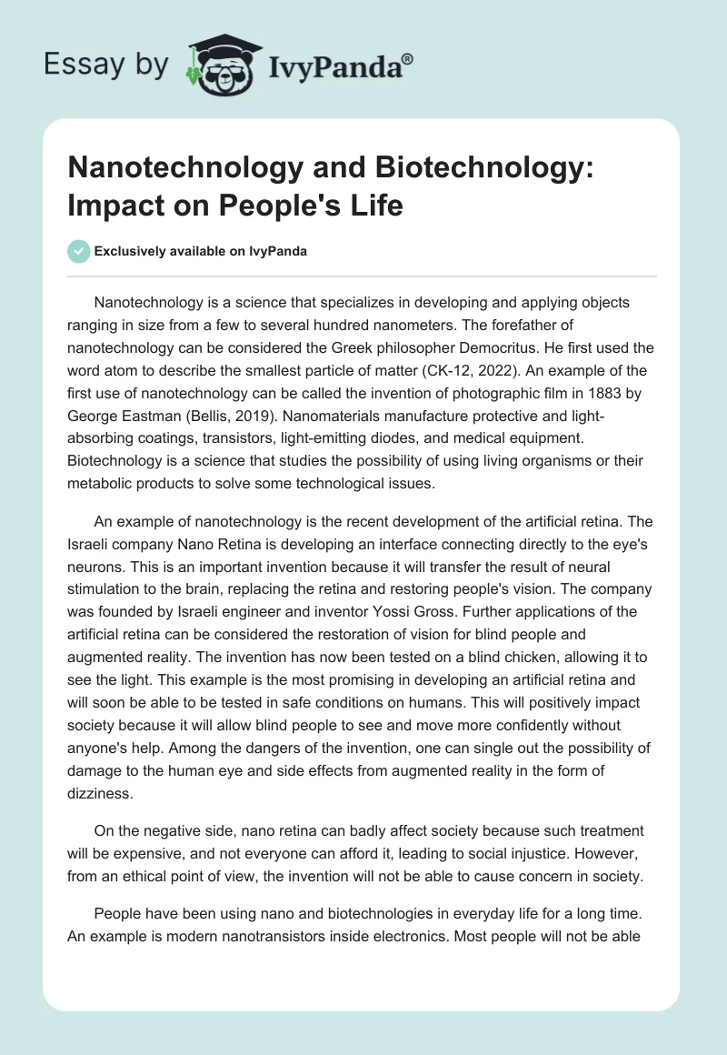Nanotechnology and Biotechnology: Impact on People's Life. Page 1
