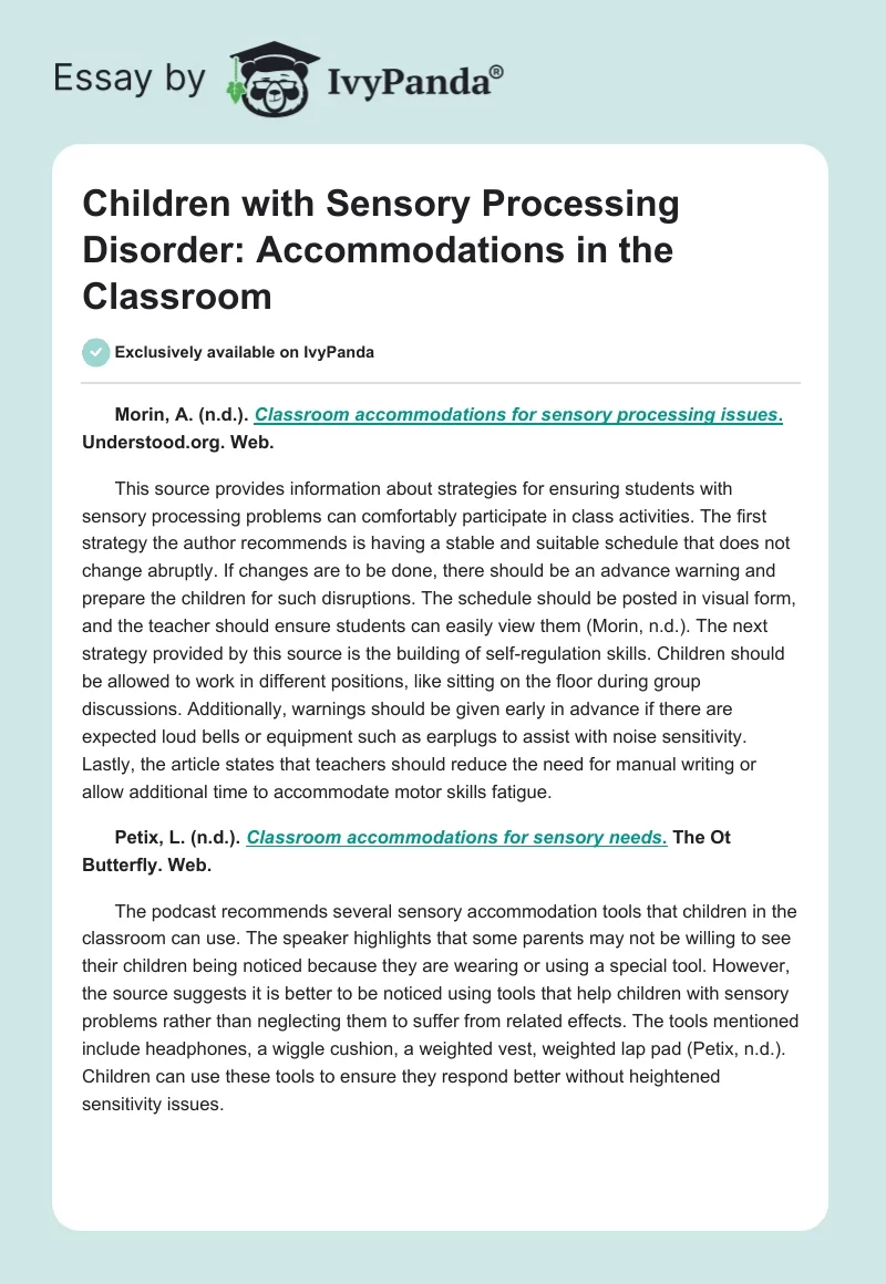 Children with Sensory Processing Disorder: Accommodations in the Classroom. Page 1